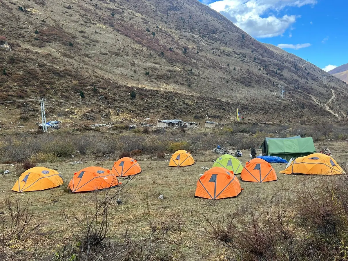 A trekking camp in the Bhutanese mountains — on most Bhutanese routes you will not see another trekking group all day