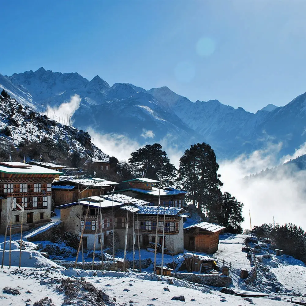 Snow-capped Himalayan peaks visible from the flight path into Paro International Airport in Bhutan