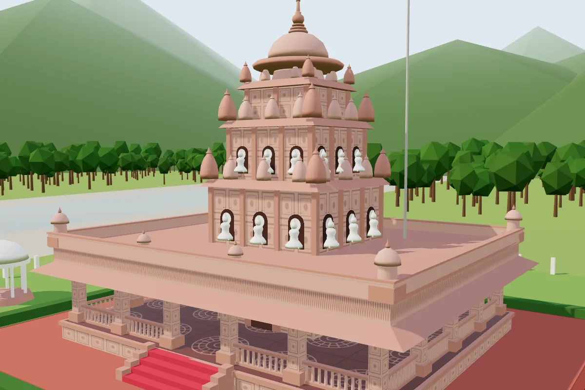 3D model of the Shivalaya Yagyaswar Mahadev Mandir in its original pink stone finish, before gilding: pillared hall, flat roof with corner kiosks and a tiered tower with niches