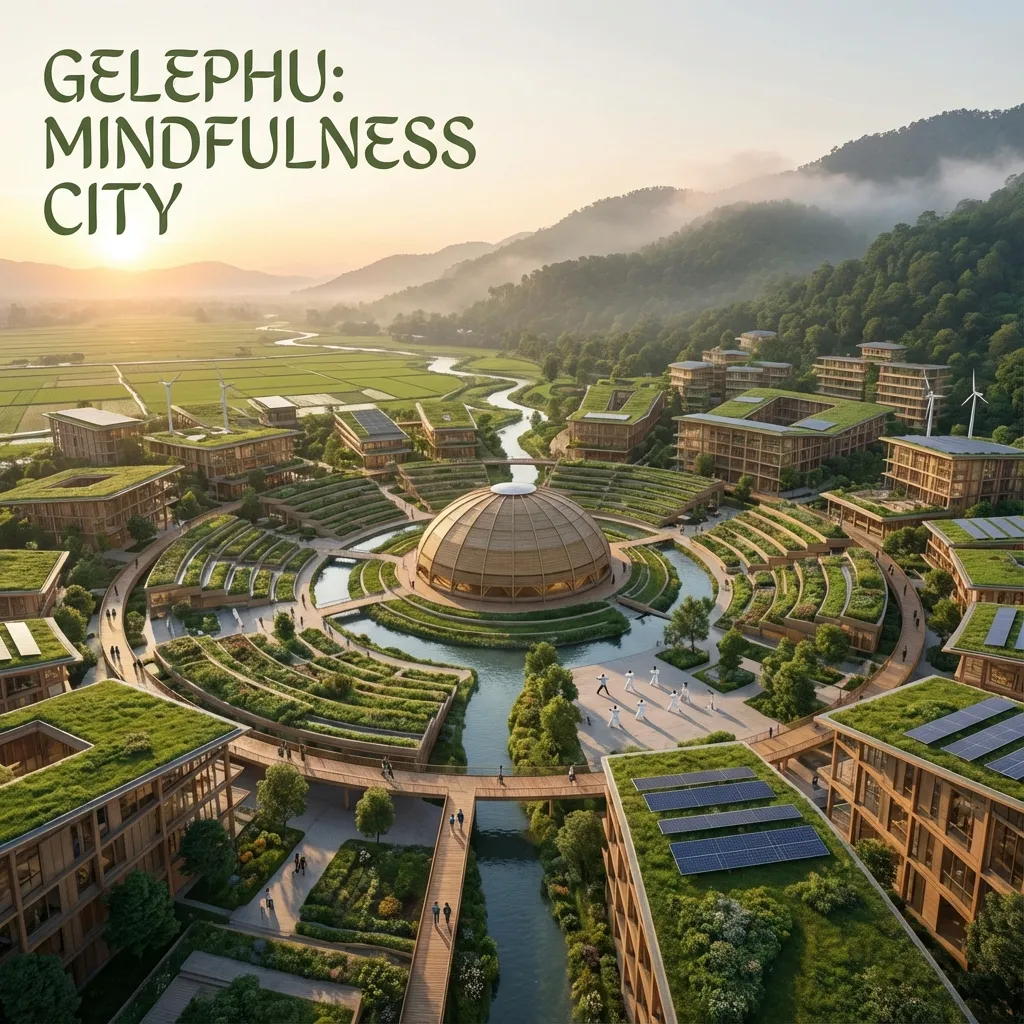 Concept illustration of Gelephu Mindfulness City showing green-roofed buildings, footbridges and a domed central structure beside a winding river