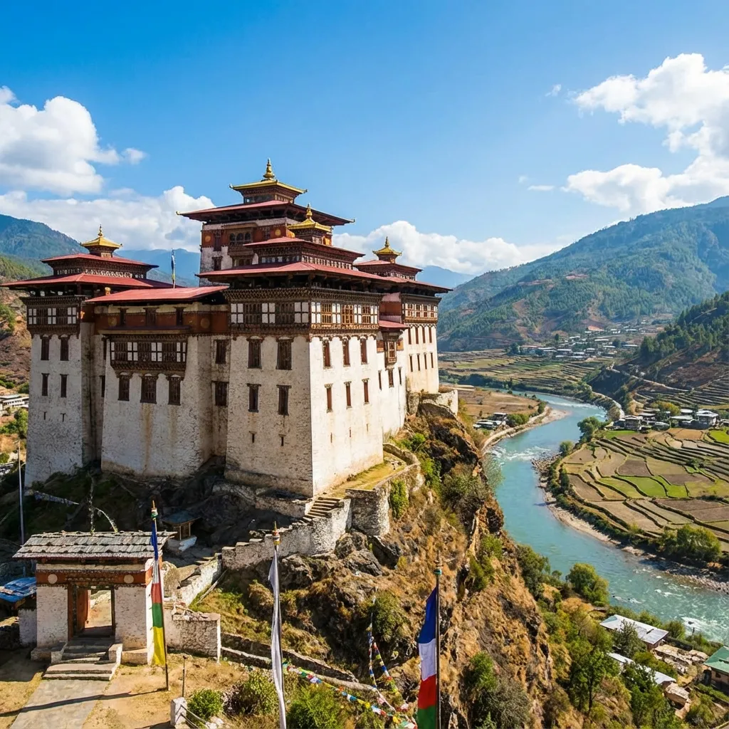 Wangdue Phodrang Dzong on its ridge above the confluence of the Punatsang Chhu and Dang Chhu rivers