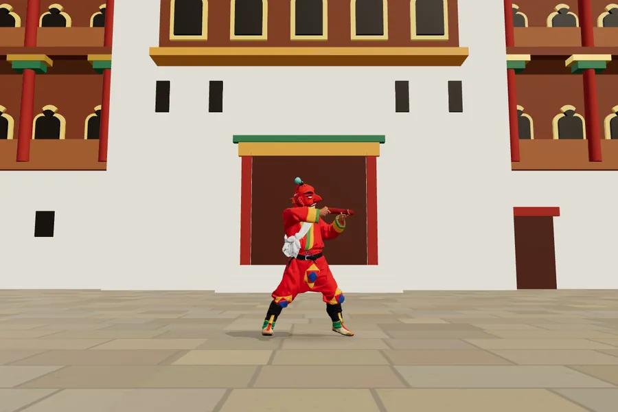 An atsara, the red-masked clown of Bhutanese festivals, standing in a dzong courtyard in front of the central tower, holding a carved wooden phallus
